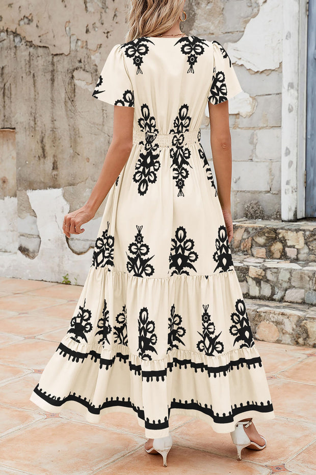 PRETTYGARDEN Womens 2025 Summer Casual V Neck Boho Maxi Dress Flowy Aline Bell Sleeve Tiered Floral Dresses with Pocket (Floral Apricot Black,X-Large)