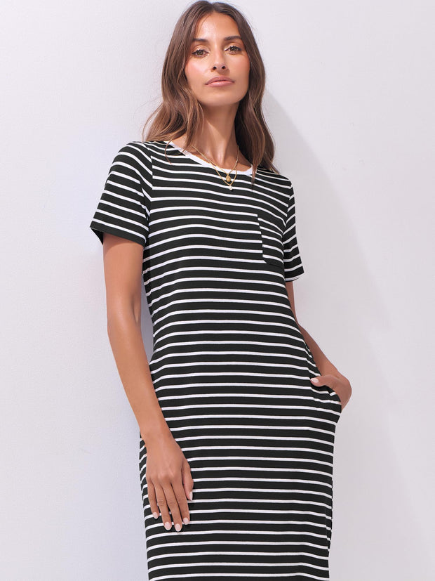 ANRABESS Womens Summer Casual Midi Dress Short Sleeve Crewneck T Shirt Long Dresses Split Stripe Beach Vacation Travel Outfit Small