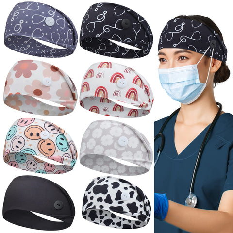 ABAMERICA Headbands with Button for Mask, Wide Nurses Headbands Non Slip Elastic Ear Protection for Women Men Doctors Sweatband Headband (BUTTON- 1 PACK COLOR05)