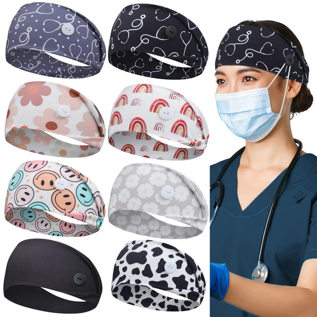 ABAMERICA Headbands with Button for Mask, Wide Nurses Headbands Non Slip Elastic Ear Protection for Women Men Doctors Sweatband Headband (BUTTON- 1 PACK COLOR05)
