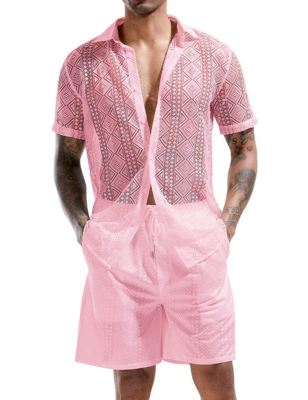 LecGee Men Summer Casual Short Sets Lace Short Sleeve Button Down Shirt Elastic Waist Shorts 2 Piece Outfits Tracksuit
