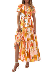PRETTYGARDEN Women's 2025 Summer Boho Maxi Dresses Floral Short Sleeve V Neck A Line Tiered Flowy Long Beach Vacation Dress (White Pink Floral,Large)