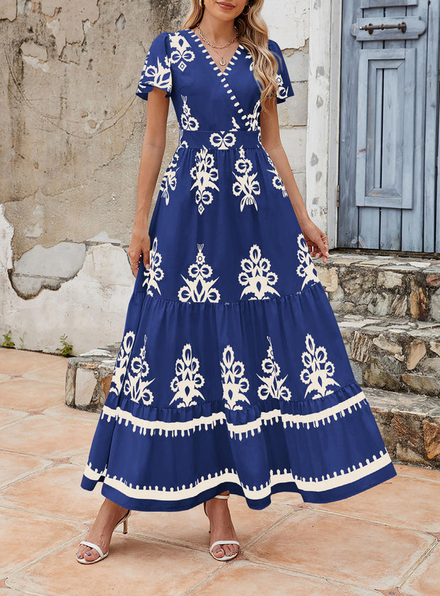 PRETTYGARDEN Womens 2025 Summer Casual V Neck Boho Maxi Dress Flowy Aline Bell Sleeve Tiered Floral Dresses with Pocket (Floral Apricot Black,X-Large)