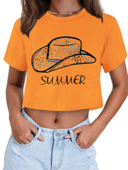 Womens Summer Crop Tops Short Sleeve Round Neck T-Shirts Loose Fit Casual Blouse