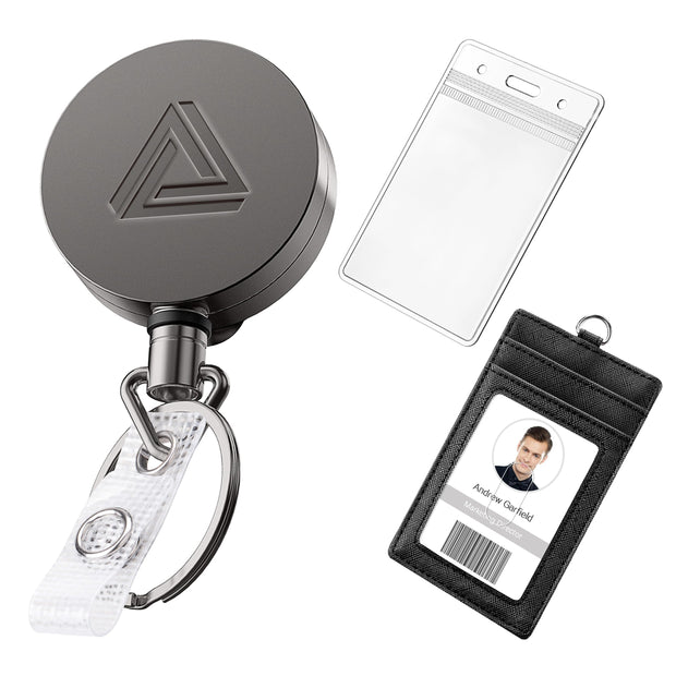 2 Pack Heavy Duty Metal Retractable Badge Holder Reel with Belt Clip Key Ring and Waterproof Vertical Clear ID Card Holder + 2 Extra Carabiner Key Chain Rings, 31 inches Strong Dyneema Pull Cord