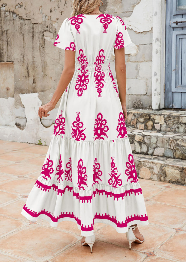 PRETTYGARDEN Womens 2025 Summer Casual V Neck Boho Maxi Dress Flowy Aline Bell Sleeve Tiered Floral Dresses with Pocket (Floral Apricot Black,X-Large)