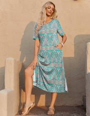 Zeagoo Women Long Sun Dress Summer T Shirt Dresses Beach Dress Casual Short Sleeve Tropical O Neck A Line Maxi Dresses Loose Side Slit Cover Up with Pockets 2025 Black XXL
