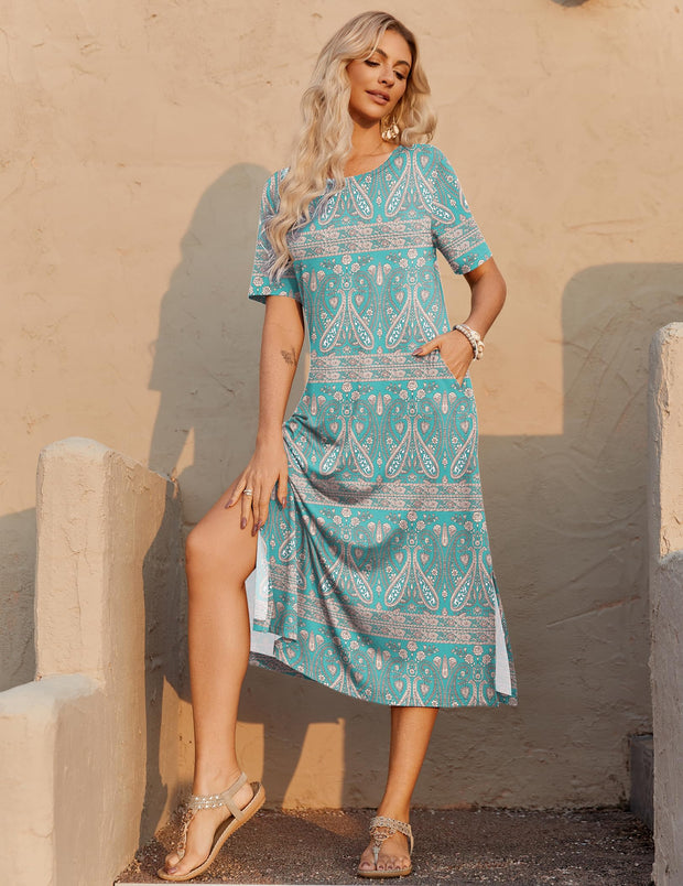 Zeagoo Women Long Sun Dress Summer T Shirt Dresses Beach Dress Casual Short Sleeve Tropical O Neck A Line Maxi Dresses Loose Side Slit Cover Up with Pockets 2025 Black XXL