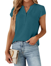 Blooming Jelly Women's Dressy Casual Tops Business Work Blouses White Button Down Shirts Cap Sleeve V Neck Tshirt