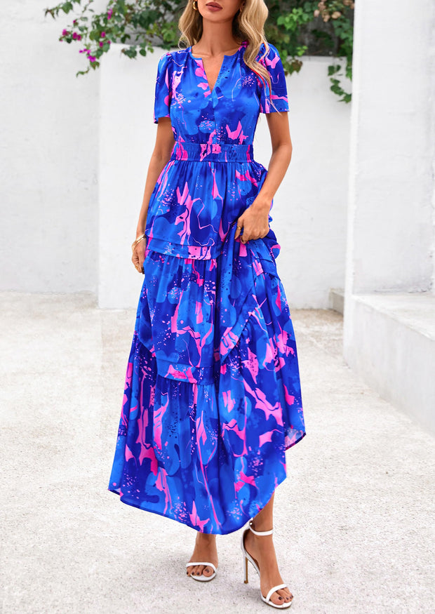 PRETTYGARDEN Women's 2025 Summer Boho Maxi Dresses Floral Short Sleeve V Neck A Line Tiered Flowy Long Beach Vacation Dress (White Pink Floral,Large)