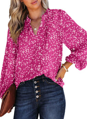 Dokotoo Women's Casual V Neck Alicia Floral Print Smocked Long Sleeve Chiffon Blouses Bohemian Top Shirts
