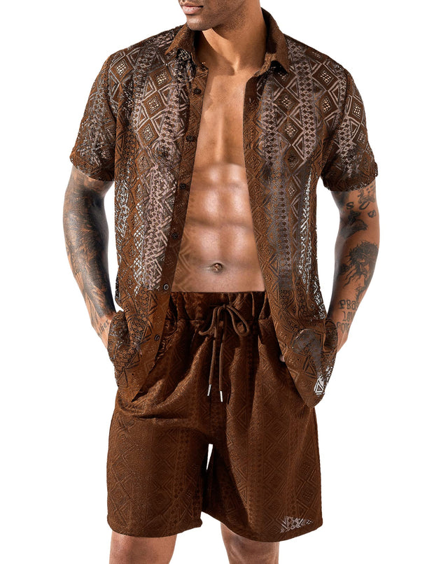 LecGee Men Summer Casual Short Sets Lace Short Sleeve Button Down Shirt Elastic Waist Shorts 2 Piece Outfits Tracksuit