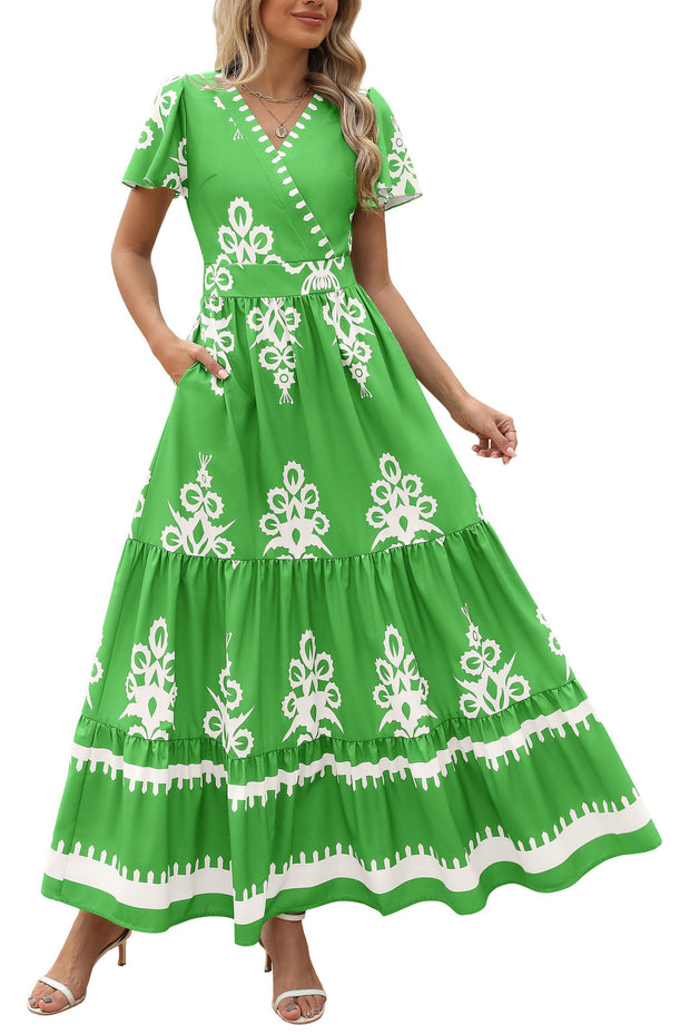 PRETTYGARDEN Womens 2025 Summer Casual V Neck Boho Maxi Dress Flowy Aline Bell Sleeve Tiered Floral Dresses with Pocket (Floral Apricot Black,X-Large)