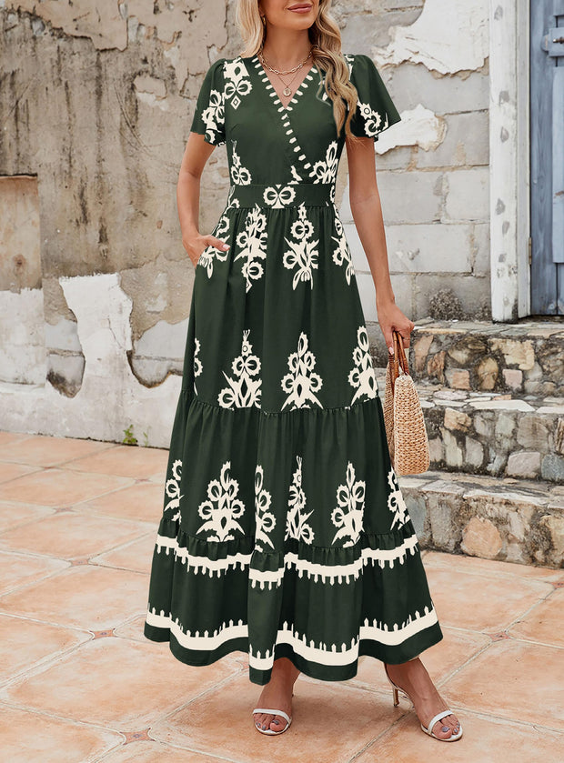 PRETTYGARDEN Womens 2025 Summer Casual V Neck Boho Maxi Dress Flowy Aline Bell Sleeve Tiered Floral Dresses with Pocket (Floral Apricot Black,X-Large)