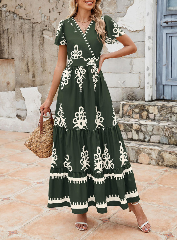 PRETTYGARDEN Womens 2025 Summer Casual V Neck Boho Maxi Dress Flowy Aline Bell Sleeve Tiered Floral Dresses with Pocket (Floral Apricot Black,X-Large)