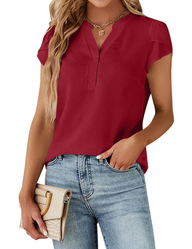 Blooming Jelly Women's Dressy Casual Tops Business Work Blouses White Button Down Shirts Cap Sleeve V Neck Tshirt