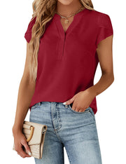 Blooming Jelly Women's Dressy Casual Tops Business Work Blouses White Button Down Shirts Cap Sleeve V Neck Tshirt