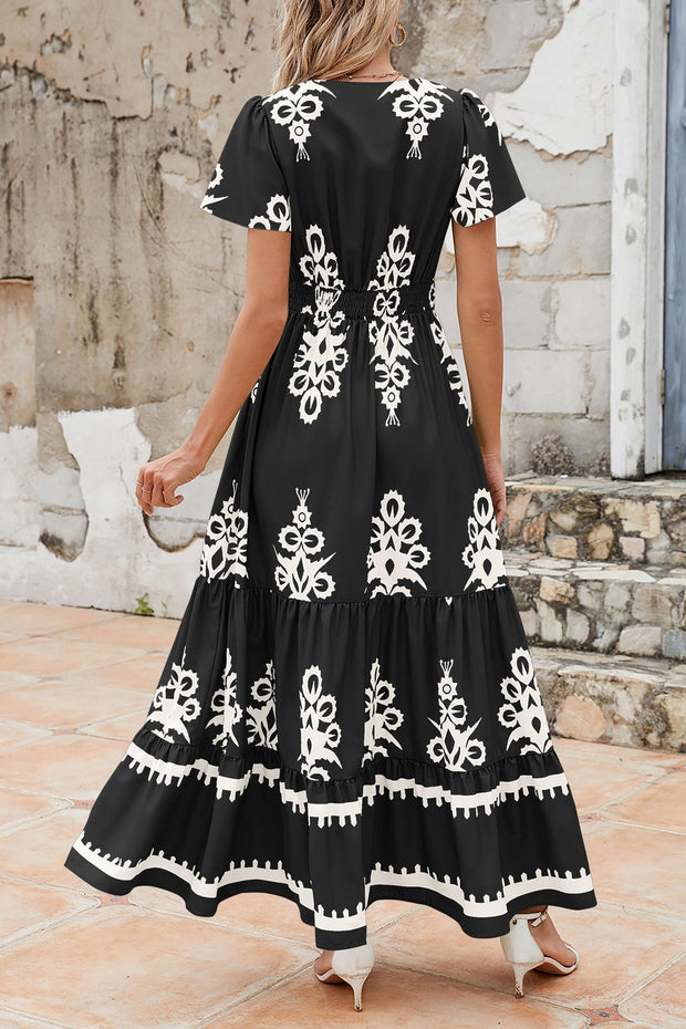 PRETTYGARDEN Womens 2025 Summer Casual V Neck Boho Maxi Dress Flowy Aline Bell Sleeve Tiered Floral Dresses with Pocket (Floral Apricot Black,X-Large)