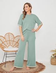 Tanming Sweater Sets Women 2 Piece Lounge Sets Short Sleeve Knit Pullover Tops Wide Leg Pants