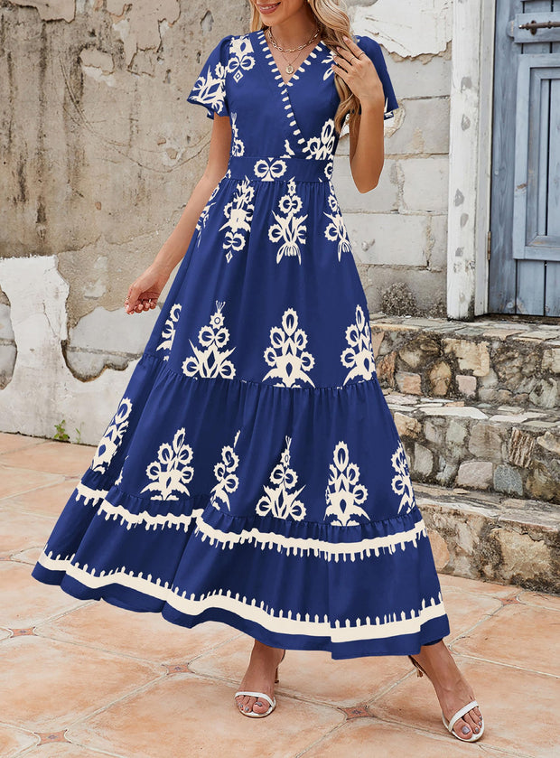 PRETTYGARDEN Womens 2025 Summer Casual V Neck Boho Maxi Dress Flowy Aline Bell Sleeve Tiered Floral Dresses with Pocket (Floral Apricot Black,X-Large)
