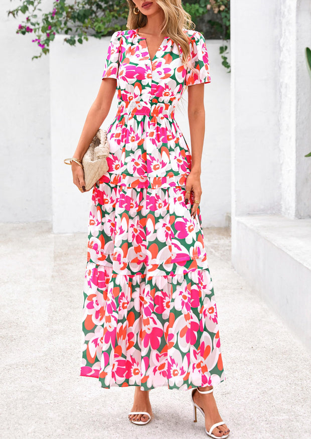 PRETTYGARDEN Women's 2025 Summer Boho Maxi Dresses Floral Short Sleeve V Neck A Line Tiered Flowy Long Beach Vacation Dress (White Pink Floral,Large)