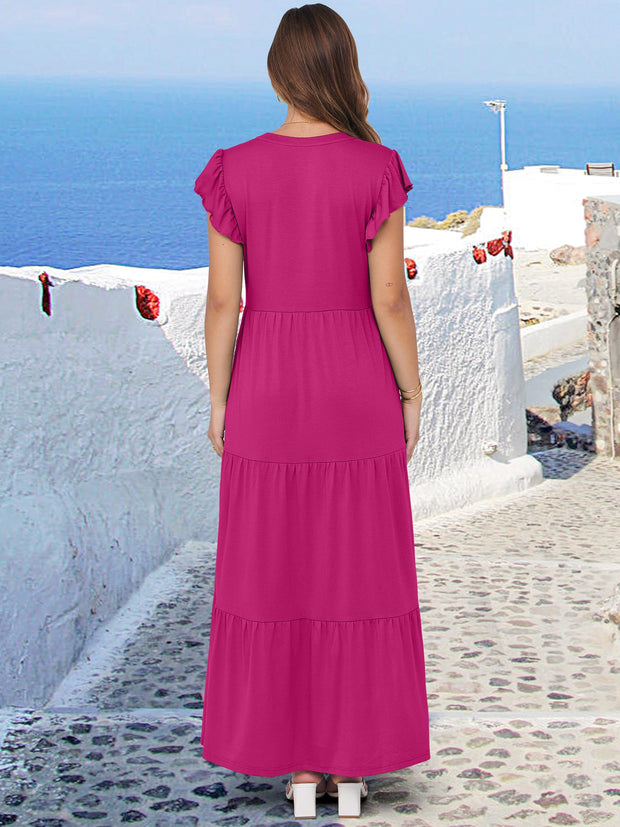ANRABESS Womens Summer Casual Maxi Dress V Neck Ruffle Sleeve Long Dresses Fashion Flowy Tiered Boho Beach Vacation Sundress Black Large