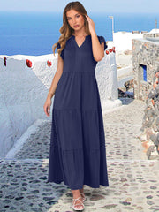 ANRABESS Womens Summer Casual Maxi Dress V Neck Ruffle Sleeve Long Dresses Fashion Flowy Tiered Boho Beach Vacation Sundress Black Large
