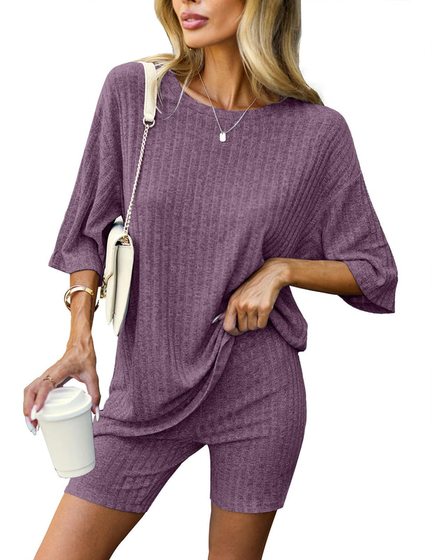 Ekouaer Pajamas 2 Piece Lounge Sets Ribbed Knit Matching Outfits T-shirt Biker Shorts Sleepwear Loungewear Sweatsuits