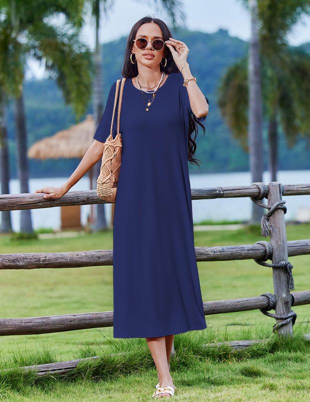 Zeagoo Women Long Sun Dress Summer T Shirt Dresses Beach Dress Casual Short Sleeve Tropical O Neck A Line Maxi Dresses Loose Side Slit Cover Up with Pockets 2025 Black XXL