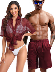 LecGee Men Summer Casual Short Sets Lace Short Sleeve Button Down Shirt Elastic Waist Shorts 2 Piece Outfits Tracksuit