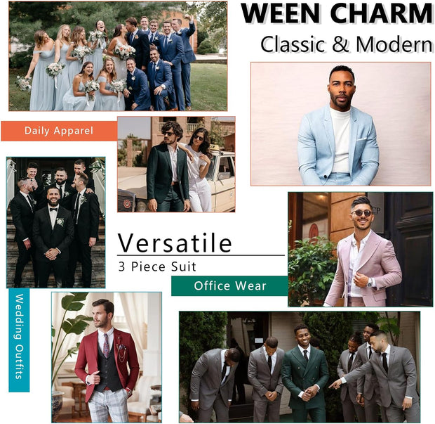 WEEN CHARM Men's Suits Slim Fit,3 Piece Suit for Men,2 Button Blazer Jacket Vest Pants with Tie,Men Tuxedo Suit Set