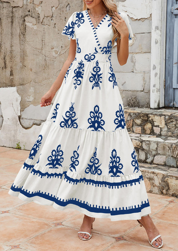 PRETTYGARDEN Womens 2025 Summer Casual V Neck Boho Maxi Dress Flowy Aline Bell Sleeve Tiered Floral Dresses with Pocket (Floral Apricot Black,X-Large)