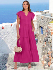 ANRABESS Womens Summer Casual Maxi Dress V Neck Ruffle Sleeve Long Dresses Fashion Flowy Tiered Boho Beach Vacation Sundress Black Large