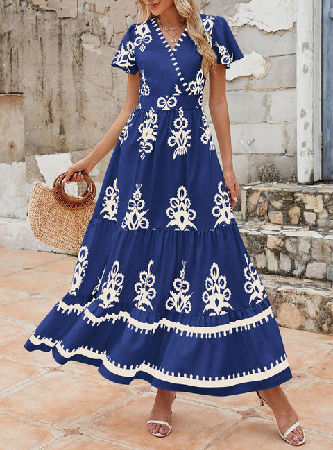 PRETTYGARDEN Womens 2025 Summer Casual V Neck Boho Maxi Dress Flowy Aline Bell Sleeve Tiered Floral Dresses with Pocket (Floral Apricot Black,X-Large)