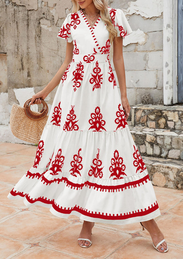 PRETTYGARDEN Womens 2025 Summer Casual V Neck Boho Maxi Dress Flowy Aline Bell Sleeve Tiered Floral Dresses with Pocket (Floral Apricot Black,X-Large)