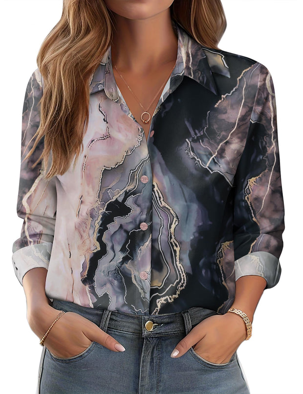 Zeagoo Button Down Shirts for Women Dressy Floral Printed Long Sleeve Blouse Business Casual Work Tops