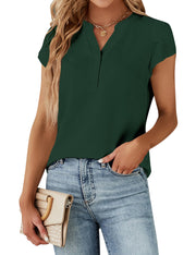 Blooming Jelly Women's Dressy Casual Tops Business Work Blouses White Button Down Shirts Cap Sleeve V Neck Tshirt