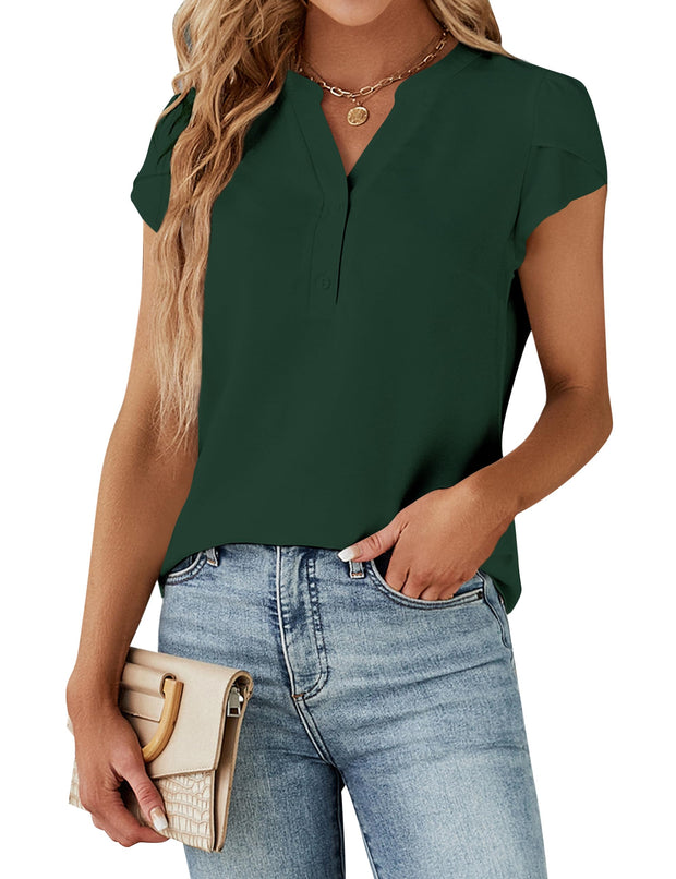 Blooming Jelly Women's Dressy Casual Tops Business Work Blouses White Button Down Shirts Cap Sleeve V Neck Tshirt