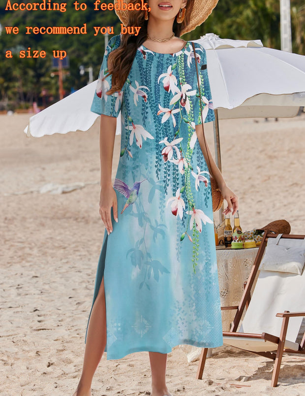 Zeagoo Women Long Sun Dress Summer T Shirt Dresses Beach Dress Casual Short Sleeve Tropical O Neck A Line Maxi Dresses Loose Side Slit Cover Up with Pockets 2025 Black XXL