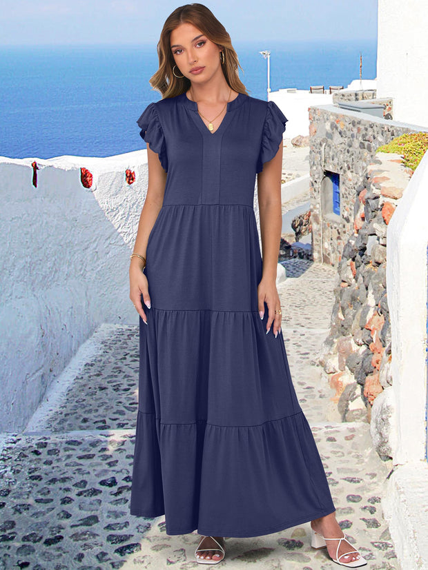 ANRABESS Womens Summer Casual Maxi Dress V Neck Ruffle Sleeve Long Dresses Fashion Flowy Tiered Boho Beach Vacation Sundress Black Large