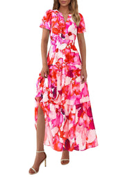 PRETTYGARDEN Women's 2025 Summer Boho Maxi Dresses Floral Short Sleeve V Neck A Line Tiered Flowy Long Beach Vacation Dress (White Pink Floral,Large)