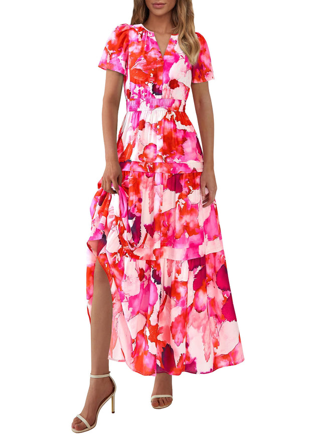PRETTYGARDEN Women's 2025 Summer Boho Maxi Dresses Floral Short Sleeve V Neck A Line Tiered Flowy Long Beach Vacation Dress (White Pink Floral,Large)