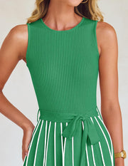 ZESICA Women's Summer Sleeveless Midi Dress 2025 Crewneck Ribbed Knit Tie Waist Casual A Line Swing Dresses