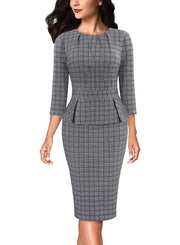 VFSHOW Womens Pleated Crew Neck Peplum Work Business Office Bodycon Pencil Sheath Dress