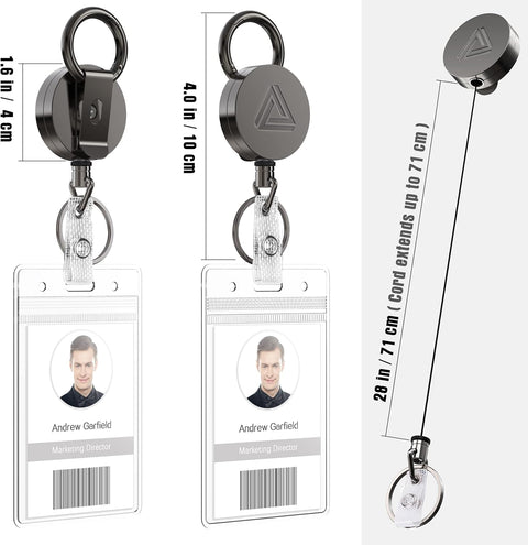 2 Pack Heavy Duty Metal Retractable Badge Holder Reel with Belt Clip Key Ring and Waterproof Vertical Clear ID Card Holder + 2 Extra Carabiner Key Chain Rings, 31 inches Strong Dyneema Pull Cord