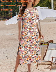 Zeagoo Women Long Sun Dress Summer T Shirt Dresses Beach Dress Casual Short Sleeve Tropical O Neck A Line Maxi Dresses Loose Side Slit Cover Up with Pockets 2025 Black XXL