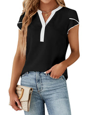 Blooming Jelly Women's Dressy Casual Tops Business Work Blouses White Button Down Shirts Cap Sleeve V Neck Tshirt