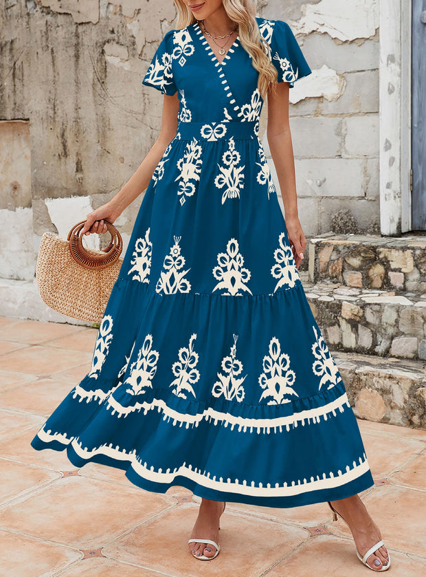 PRETTYGARDEN Womens 2025 Summer Casual V Neck Boho Maxi Dress Flowy Aline Bell Sleeve Tiered Floral Dresses with Pocket (Floral Apricot Black,X-Large)