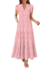 ANRABESS Womens Summer Casual Maxi Dress V Neck Ruffle Sleeve Long Dresses Fashion Flowy Tiered Boho Beach Vacation Sundress Black Large