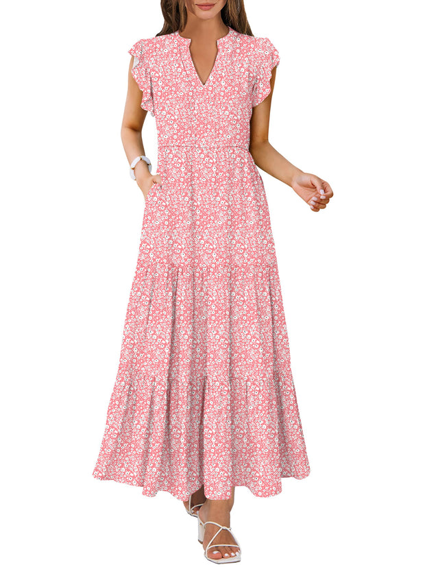 ANRABESS Womens Summer Casual Maxi Dress V Neck Ruffle Sleeve Long Dresses Fashion Flowy Tiered Boho Beach Vacation Sundress Black Large